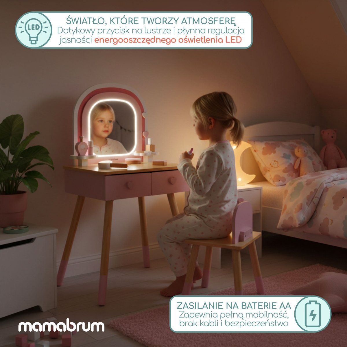 Drewniana toaletka dla dzieci z oświetleniem LED o płynnej regulacji jasności, krzesełkiem i akcesoriami
