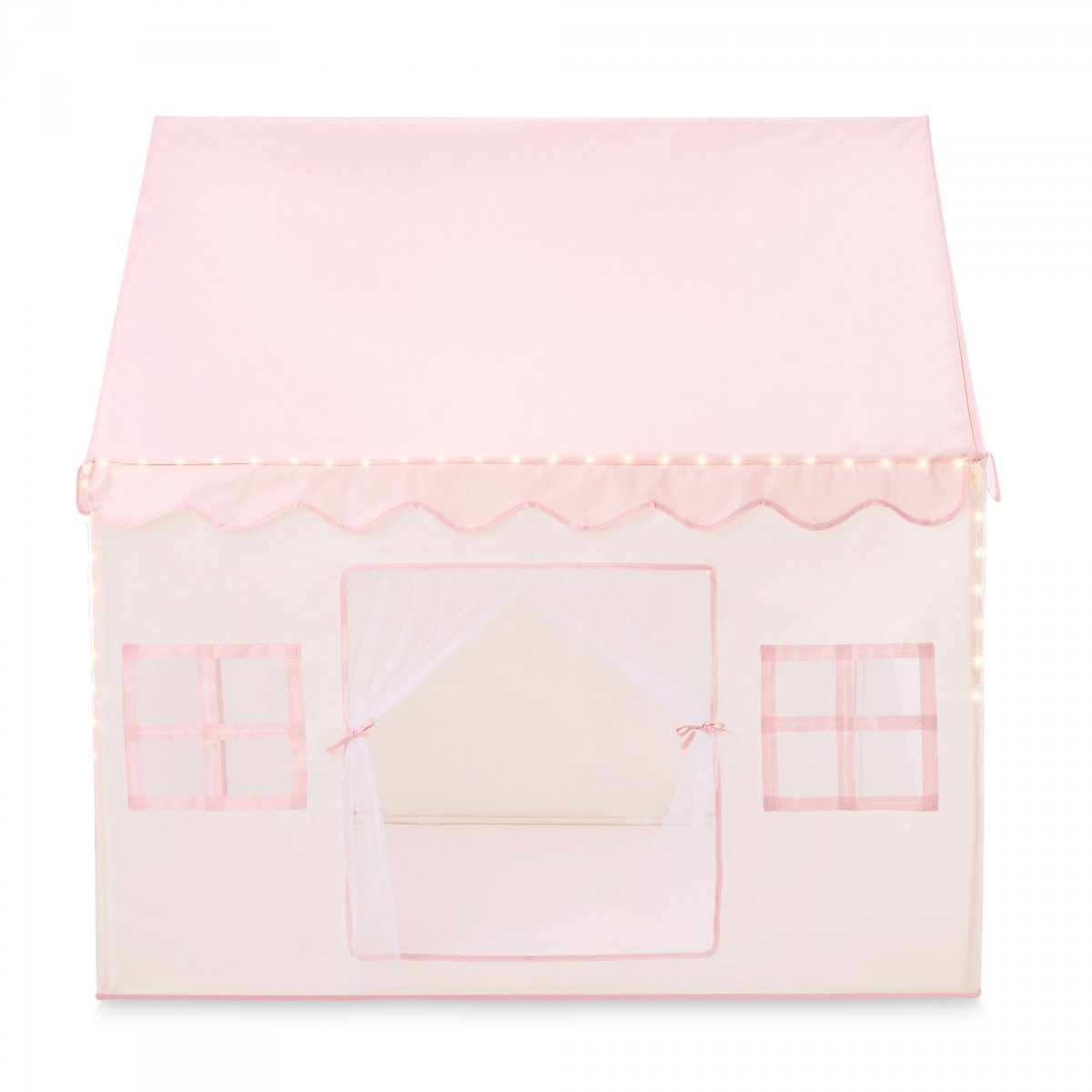 Domek składany XXL - namiot dla dzieci do zabawy, zamek z oknami, do pokoju i ogrodu, z lampkami LED - różowy