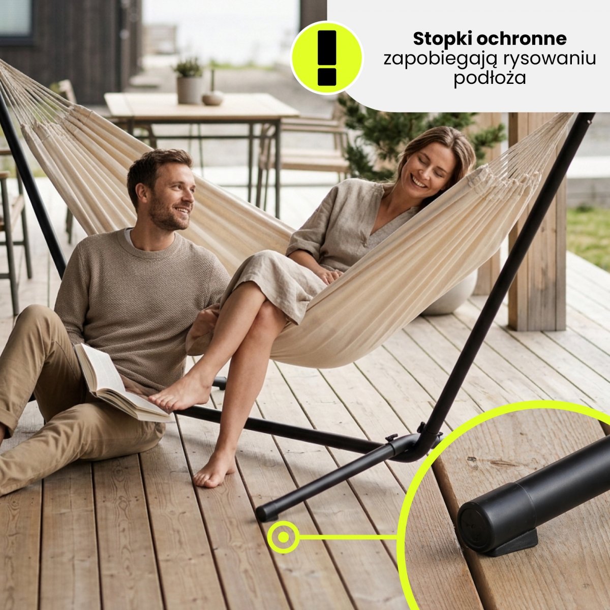 Zestaw hamak ogrodowy + stelaż metalowy – gotowa strefa relaksu