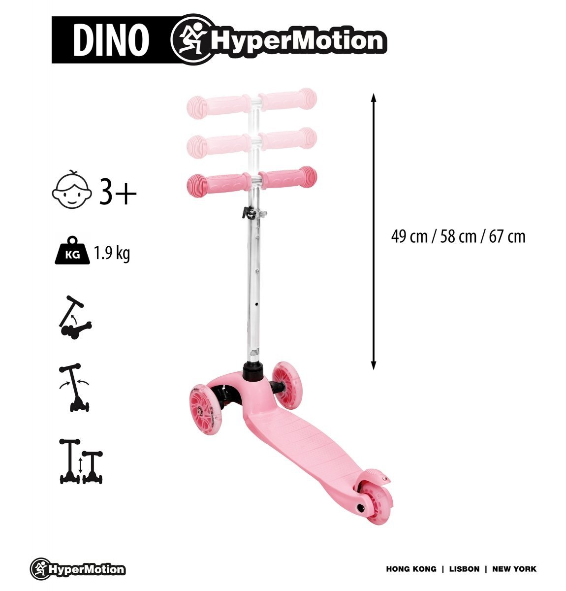 Hulajnoga trójkołowa balansowa DINO 3-5 lat - różowa + koła LED