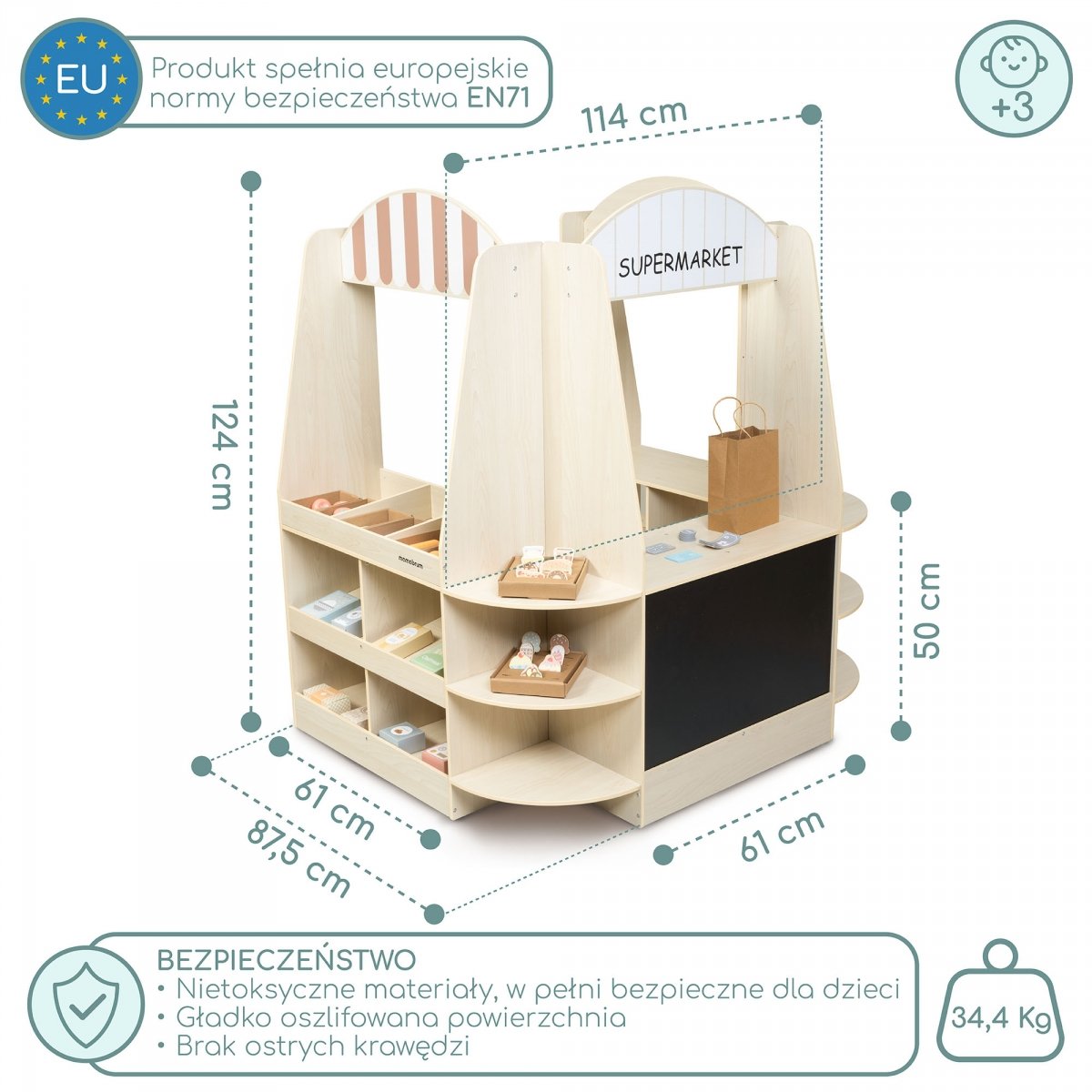 Duży, drewniany sklep dla dzieci z tablicą - 91 elementów do zabawy w zakupy!