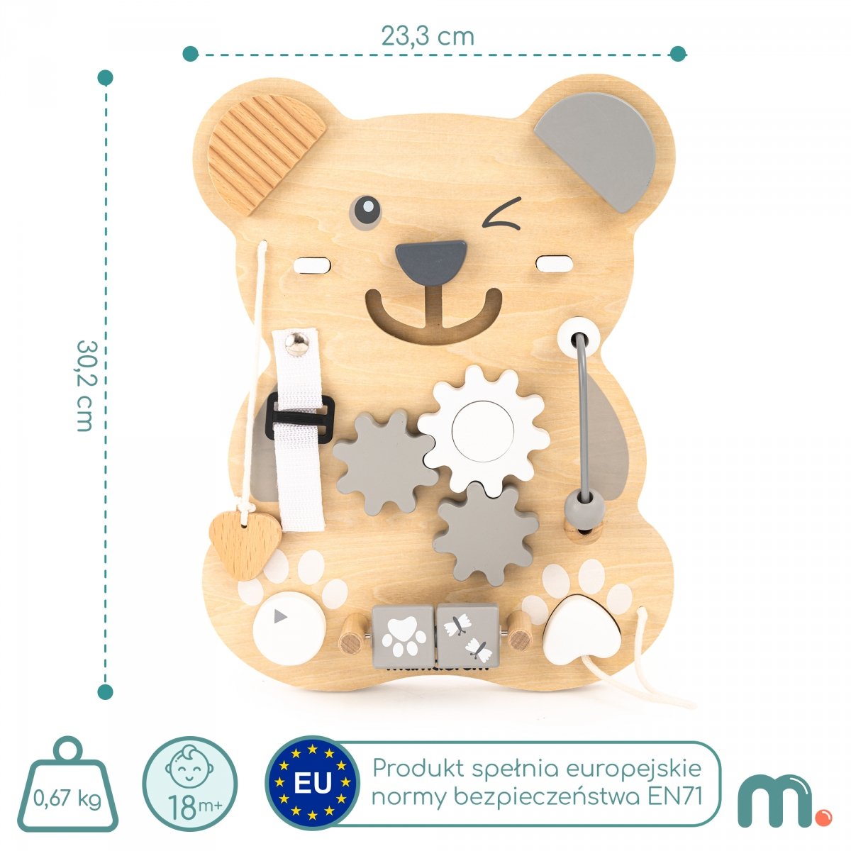 Drewniana tablica manipulacyjna Montessori 10 w 1 sensoryczna, edukacyjna - Miś