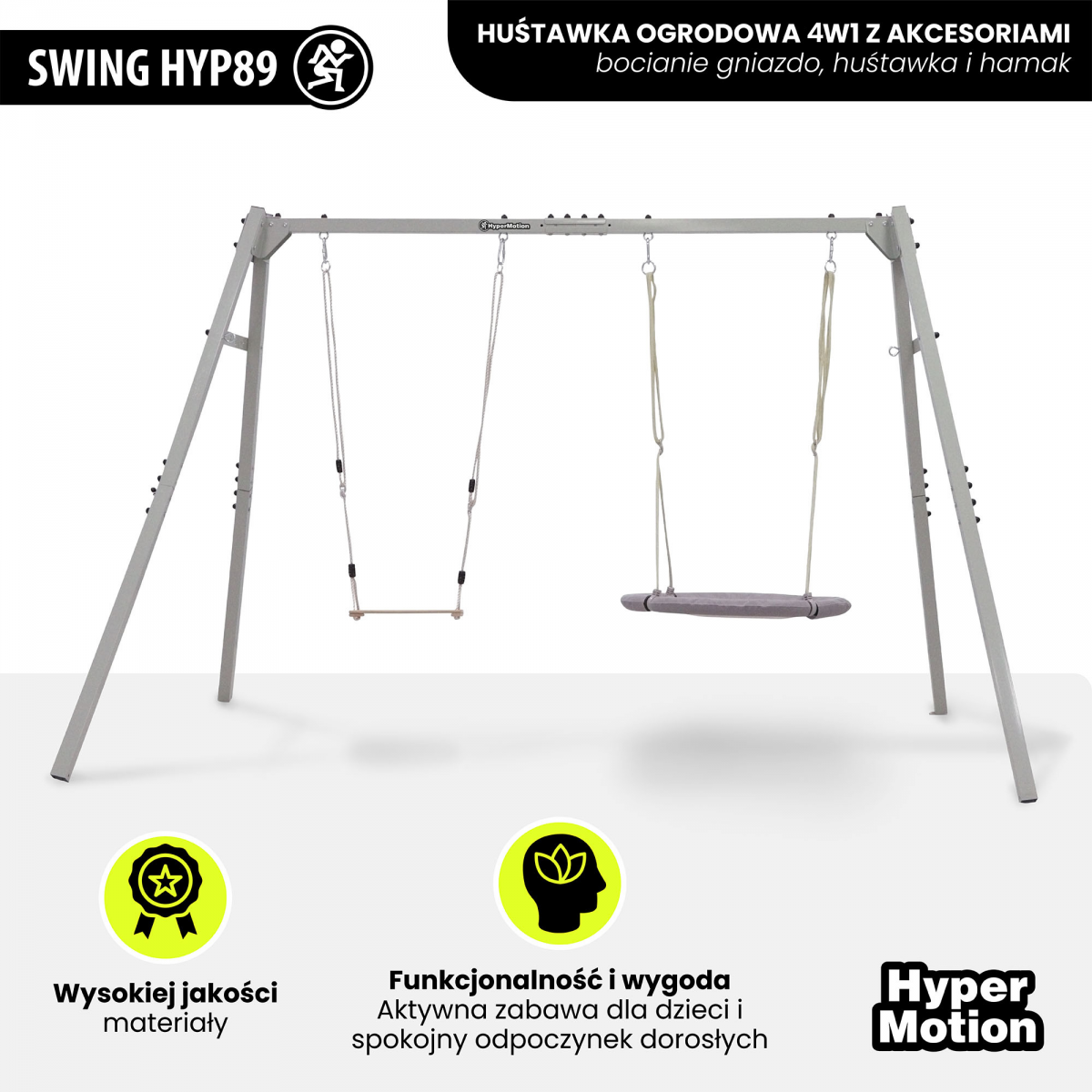 Huśtawka ogrodowa 4w1 HyperMotion – stelaż, hamak, huśtawka i bocianie gniazdo