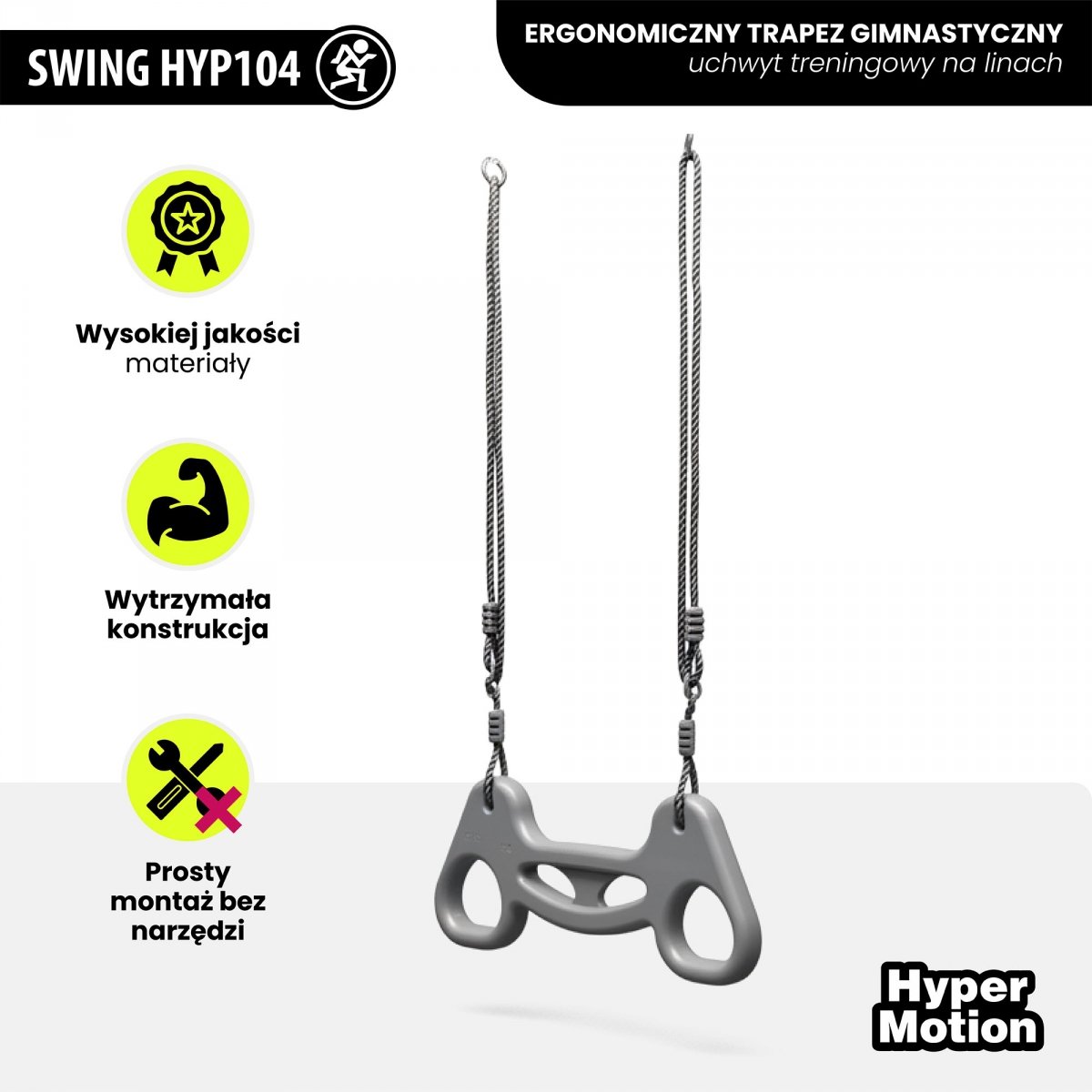Ergonomiczny trapez gimnastyczny - uchwyt treningowy na linach, zestaw do huśtawki HyperMotion