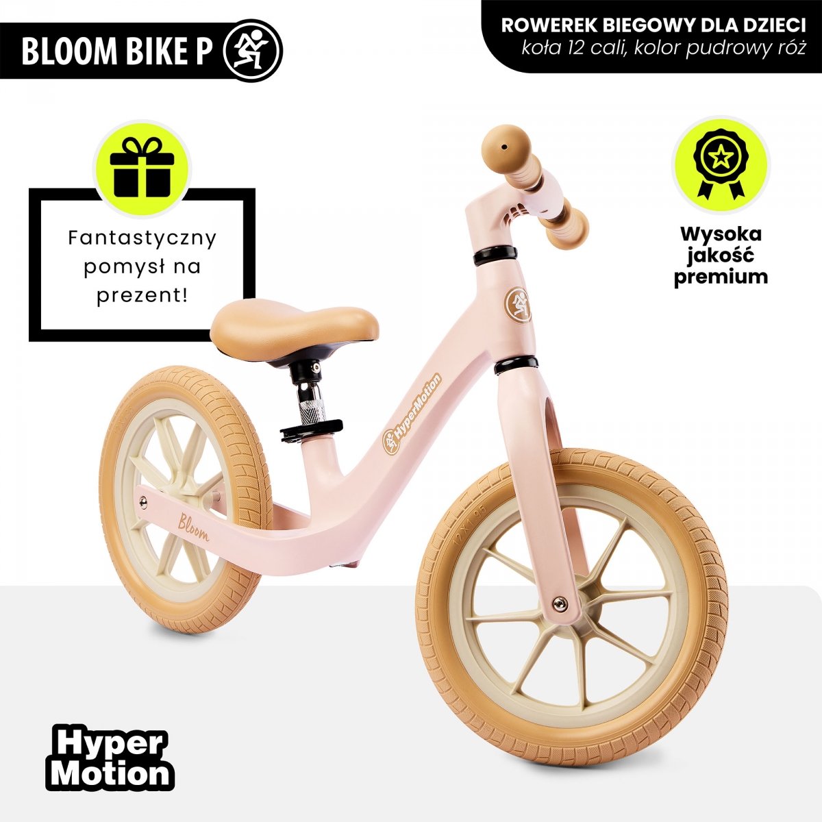 Rowerek biegowy dla dzieci HyperMotion Bloom 12 cali – Pudrowy Róż