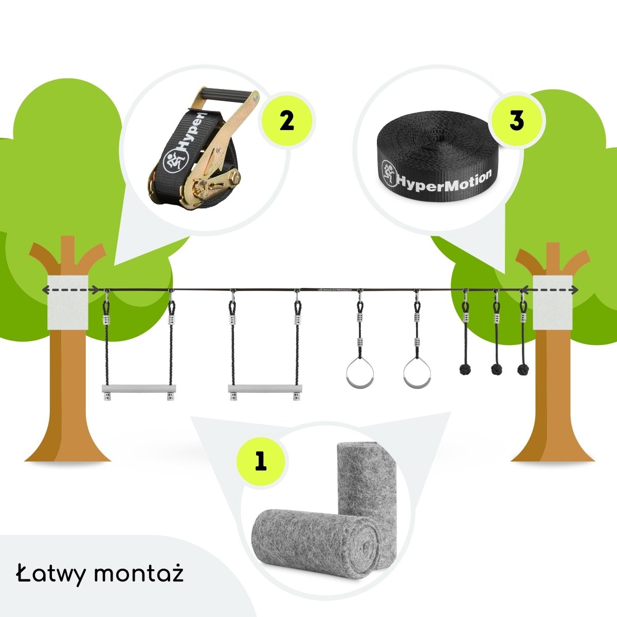 Tor przeszkód Ninja dla dzieci - zestaw slackline HyperMotion - 7 przeszkód