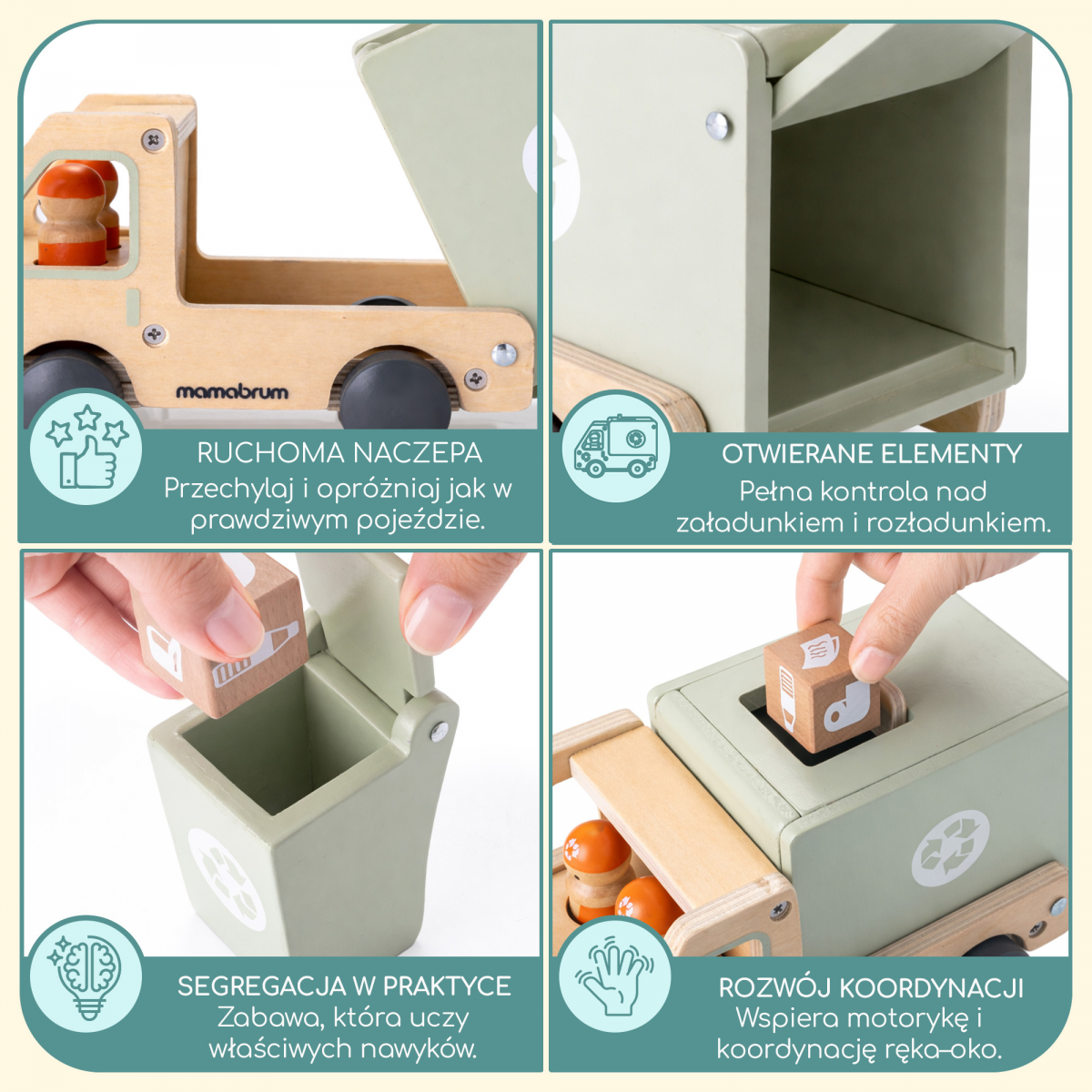 Drewniane auto do segregacji odpadów - śmieciarka z akcesoriami