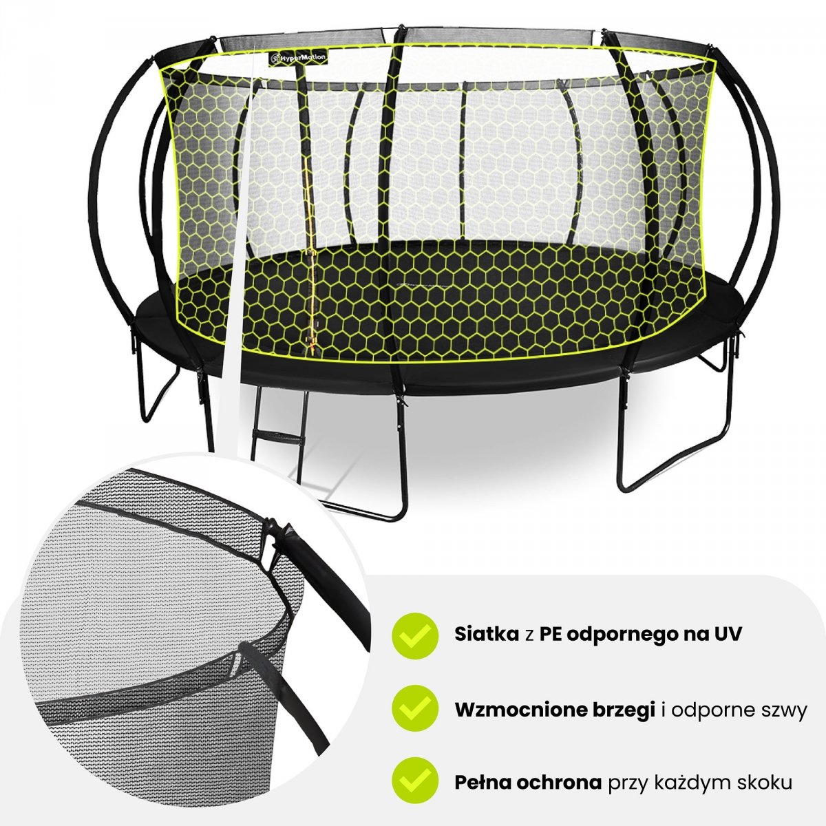 Trampolina ogrodowa XXXXL dla dzieci HyperMotion - 487 cm 16FT - z drabinką i siatką wewnętrzną - do domu i ogrodu - 150kg max