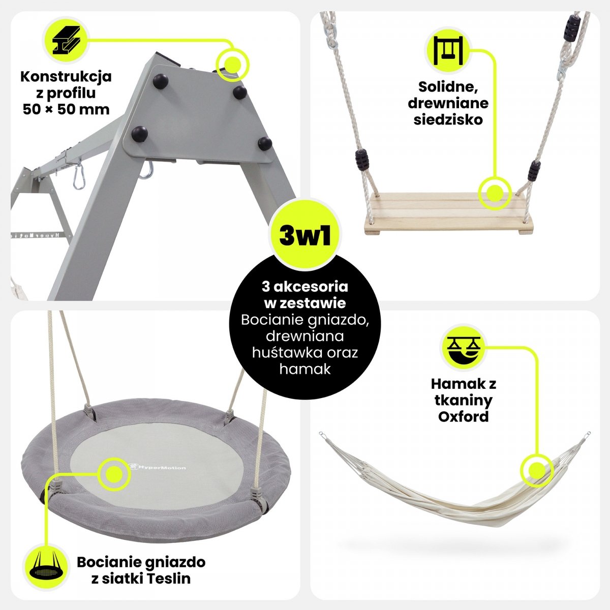 Huśtawka ogrodowa 3w1 z akcesoriami HyperMotion – bocianie gniazdo, huśtawka i hamak