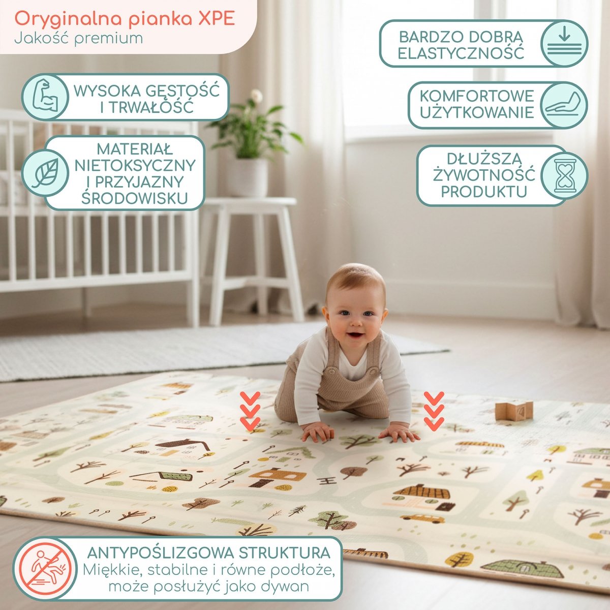 Dwustronna mata piankowa dla dzieci – Urocze miasteczko / Piaskowy beż