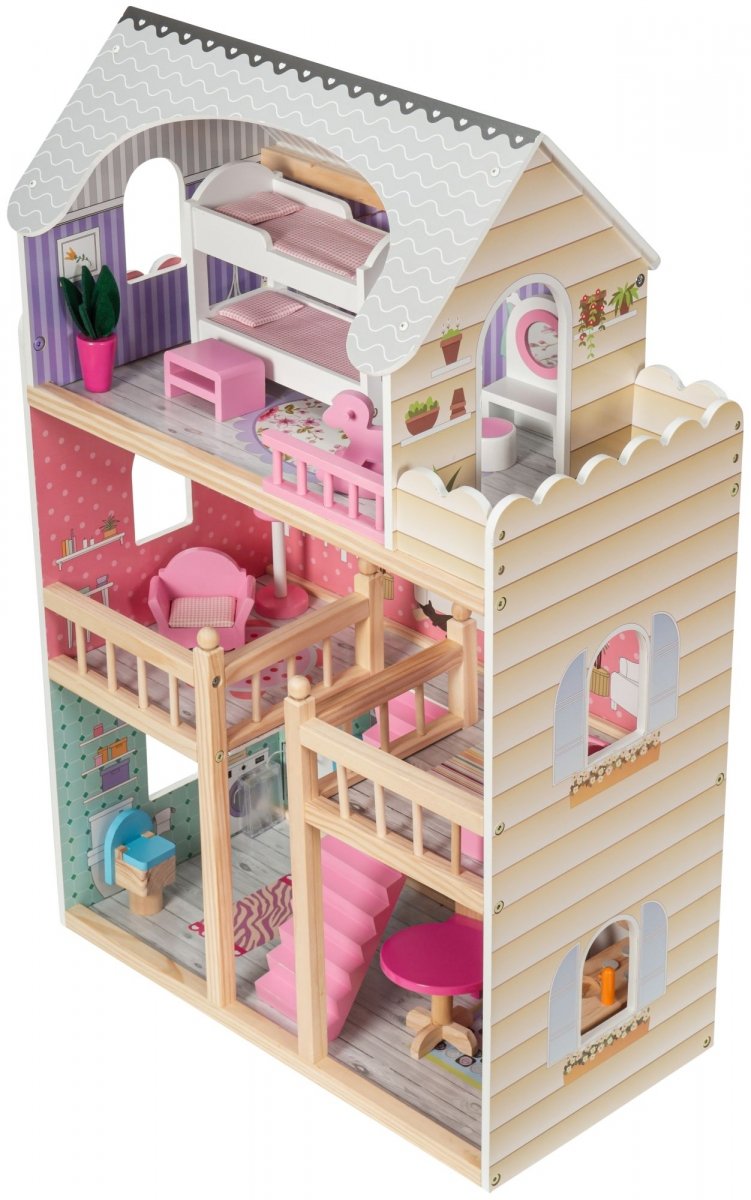 Duży drewniany 3-piętrowy domek dla lalek z tarasem, zestawem mebli i oświetleniem LED!