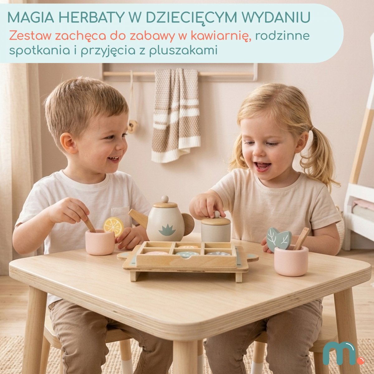 Drewniany zestaw do herbaty z tacą i akcesoriami - 18 elementów