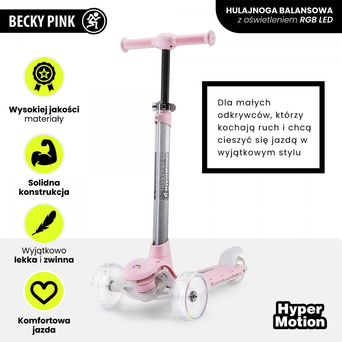 Hulajnoga balansowa HyperMotion BECKY - oświetlenie RGB LED, kolor różowy