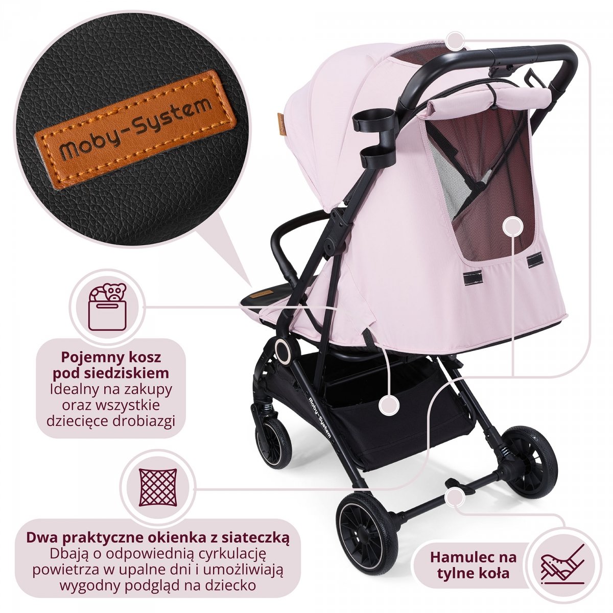 Wózek dziecięcy Spacerówka Moby-System LENA PINK PRO z funkcją WALIZKI