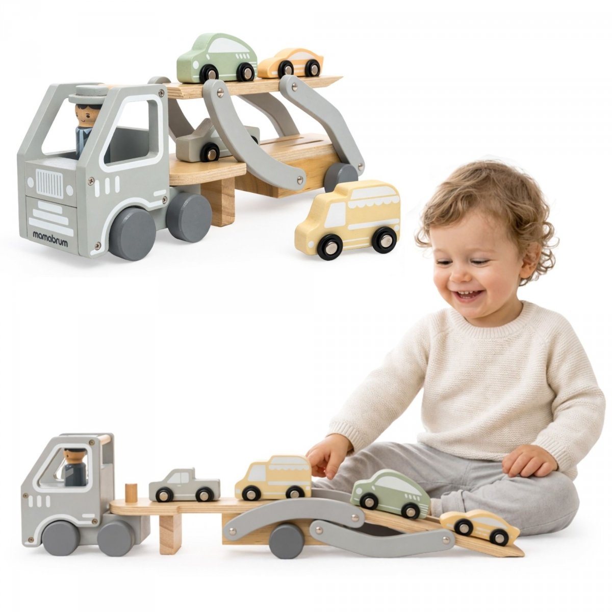 Drewniana laweta z autami - ciężarówka dla dzieci