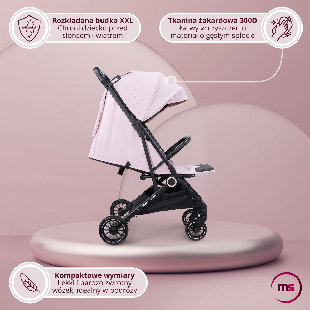 Wózek dziecięcy Spacerówka Moby-System LENA PINK PRO z funkcją WALIZKI