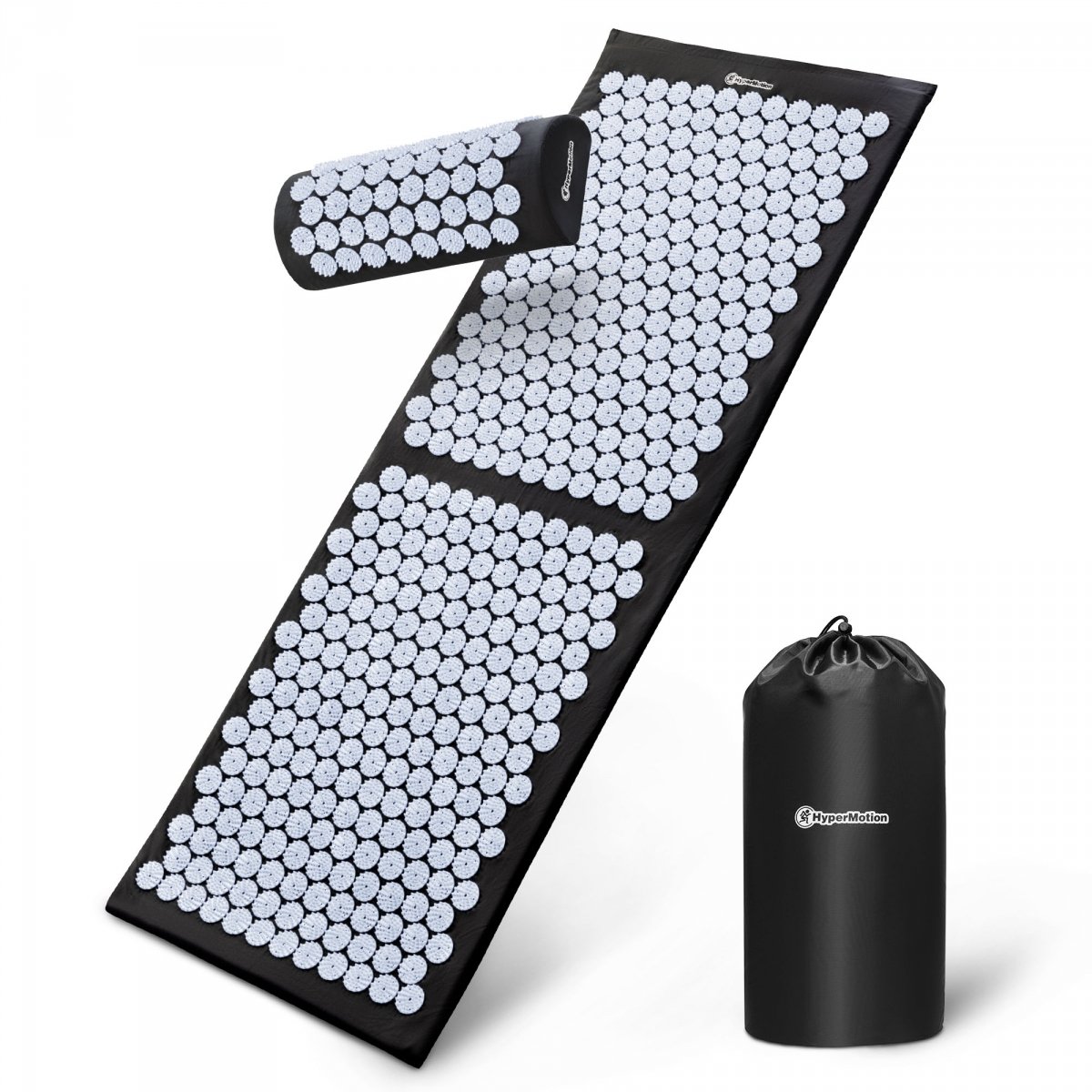 Duża mata do akupresury z poduszką i pokrowcem - 130 cm HyperMotion czarno-biała