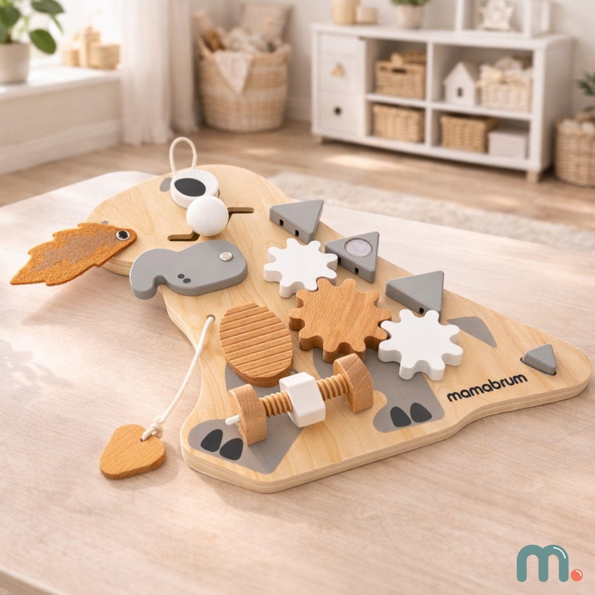 Drewniana tablica manipulacyjna Montessori 10 w 1 Sensoryczna, Edukacyjna - Dinozaur