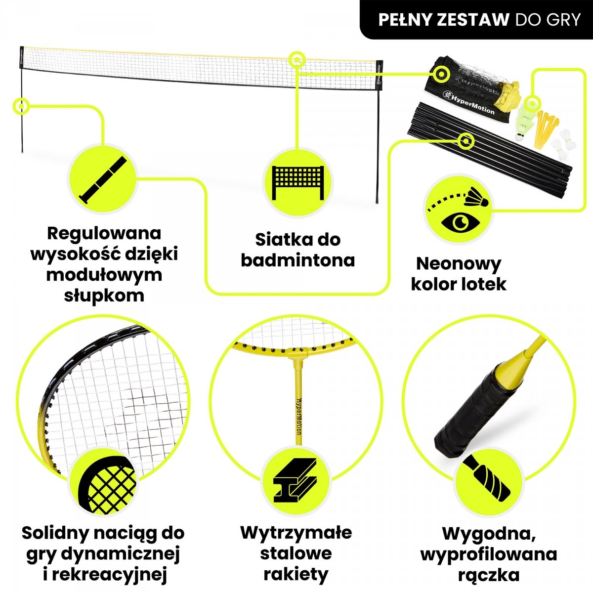 Zestaw do badmintona HyperMotion z siatką i pokrowcem – 2 rakiety, 3 lotki