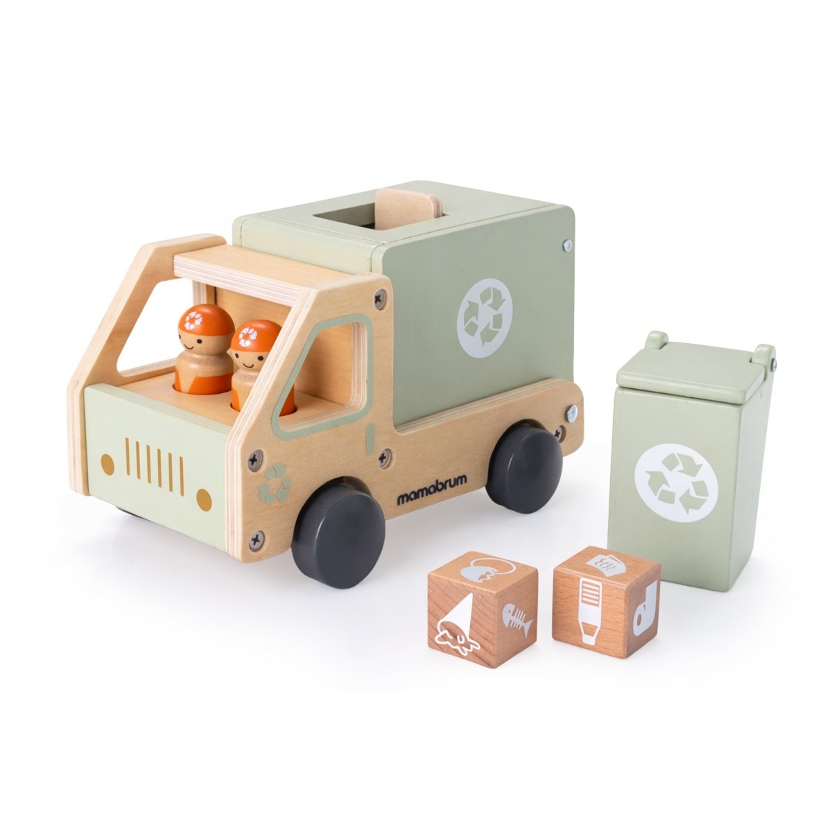 Drewniane auto do segregacji odpadów - śmieciarka z akcesoriami