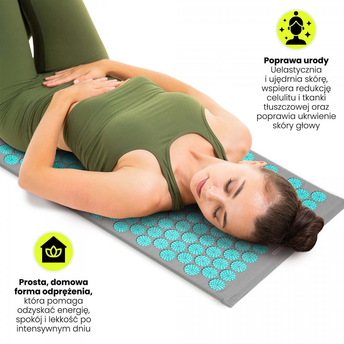 Mata do akupresury z poduszką i pokrowcem - 72 cm HyperMotion szaro-miętowa