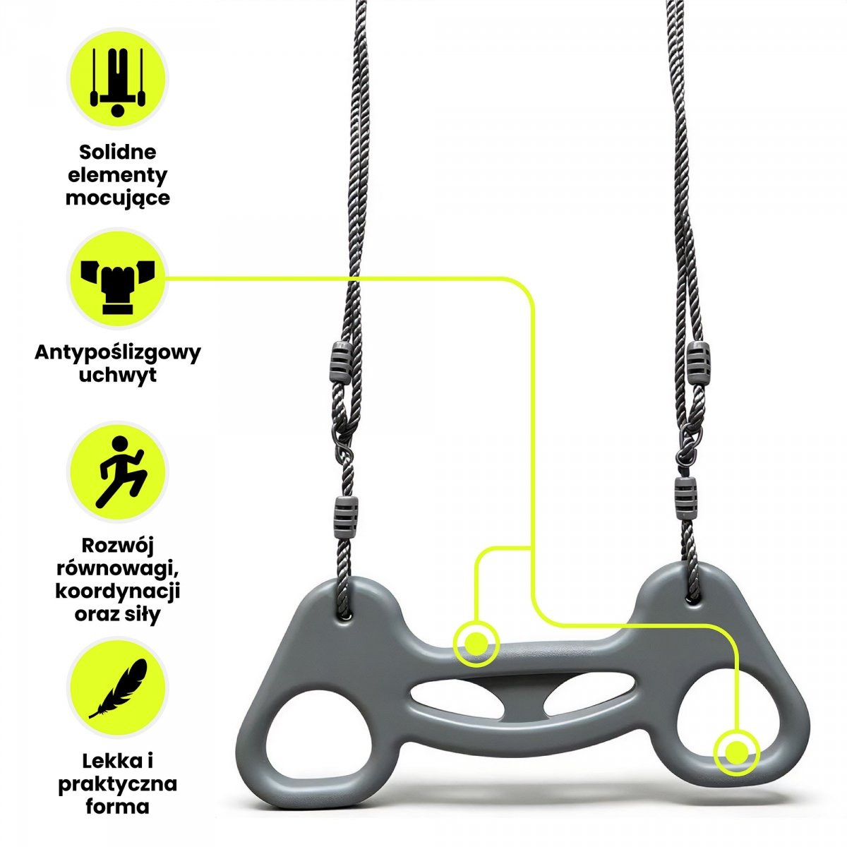 Ergonomiczny trapez gimnastyczny - uchwyt treningowy na linach, zestaw do huśtawki HyperMotion