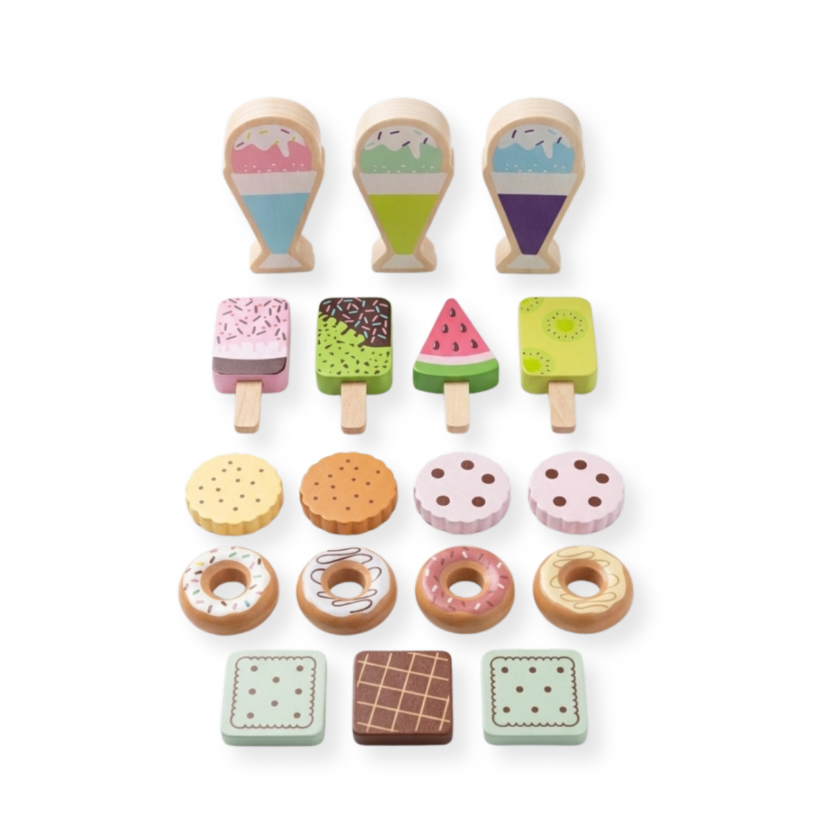 Mała Cukiernia - drewniany zestaw słodyczy do zabawy w sklep, 19 elementów