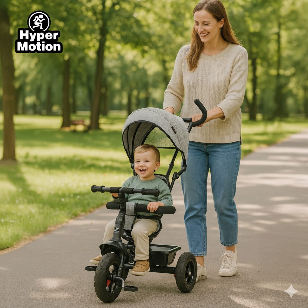 Rowerek trójkołowy dla dzieci 1-4 lata - TOBI FREY - kolor szary - obracany - wiecznie pompowane koła + pchacz