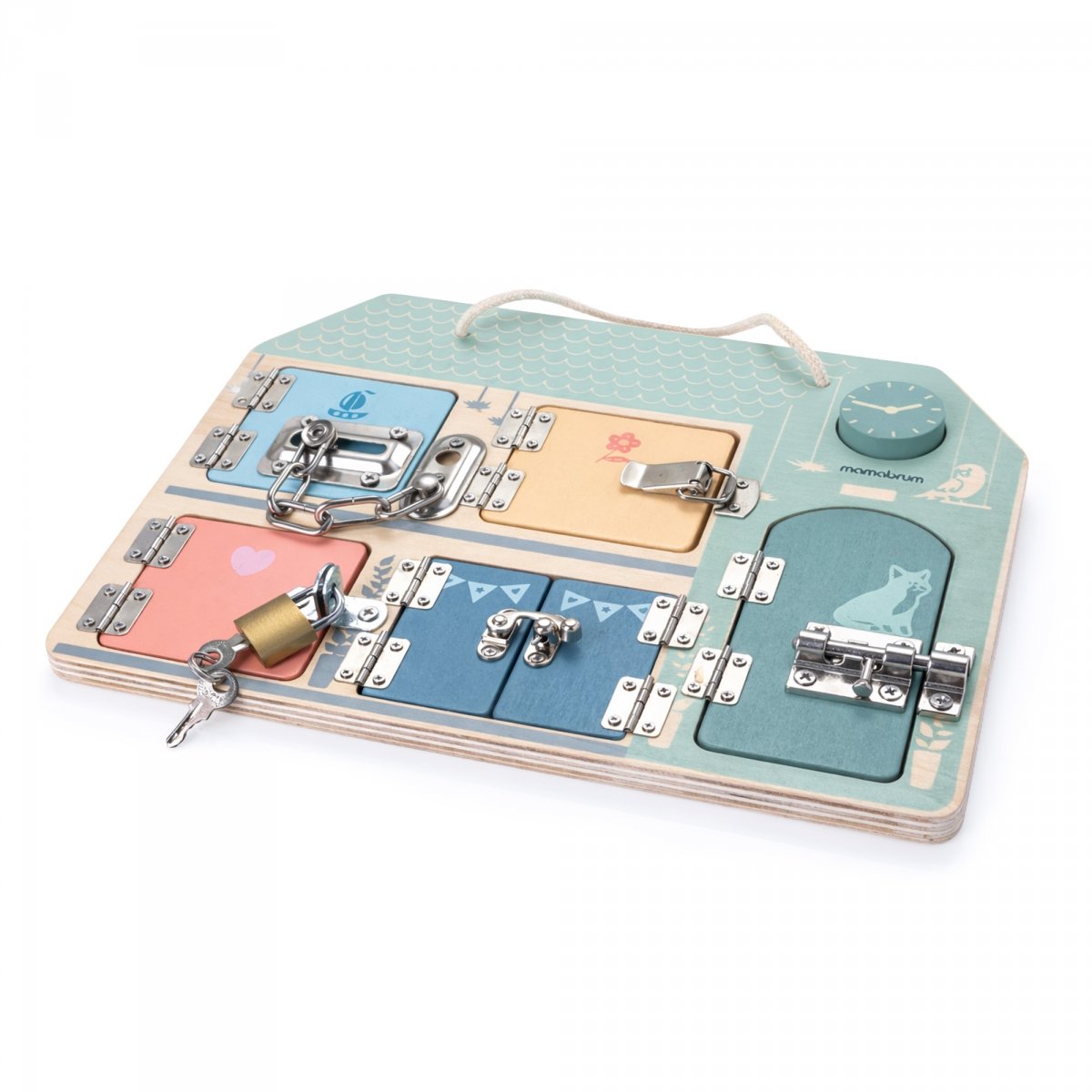 Drewniana tablica manipulacyjna Montessori - Sensoryczna Nauka samodzielności - Domek z zamkami