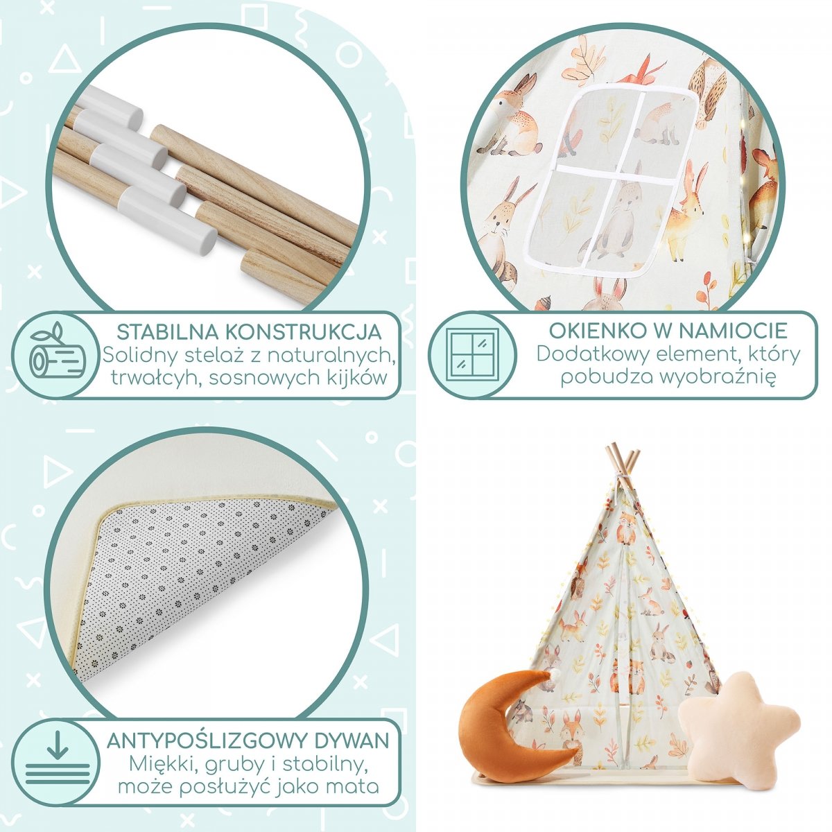 Tipi - namiot dla dziecka do pokoju z dywanem, poduszkami i światełkami LED - 135cm