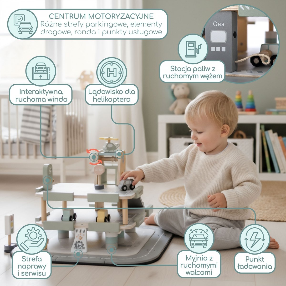 Drewniany, trzypoziomowy garaż dla dzieci z akcesoriami – parking, stacja paliw, myjnia, helikopter