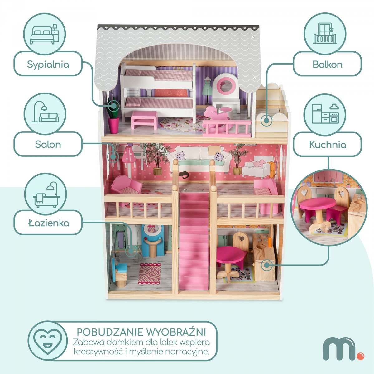 Duży drewniany 3-piętrowy domek dla lalek z tarasem, zestawem mebli i oświetleniem LED!