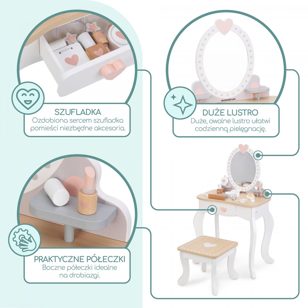 Drewniana toaletka z taboretem i akcesoriami