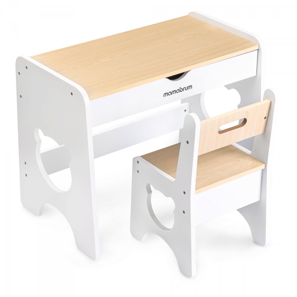 Zestaw dla dzieci - biały, drewniany stolik - biurko z szufladą i krzesełkiem - Miś