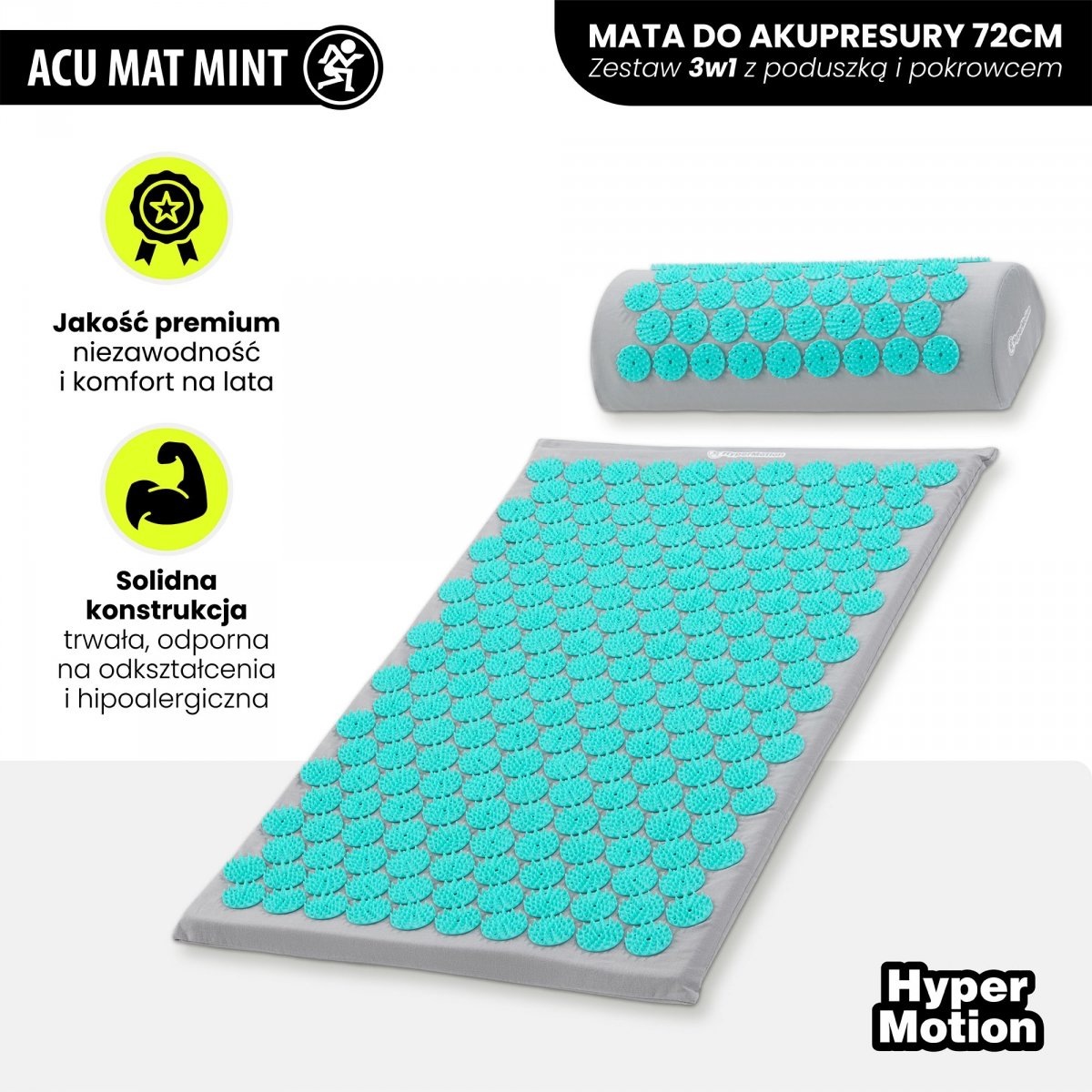 Mata do akupresury z poduszką i pokrowcem - 72 cm HyperMotion szaro-miętowa