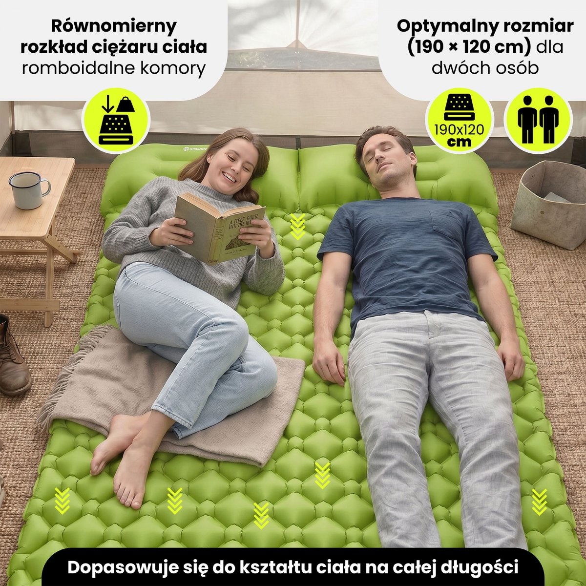Ultralekki materac dmuchany dwuosobowy do spania na kemping i trekking HyperMotion Campmat – 190x120 cm – zielony