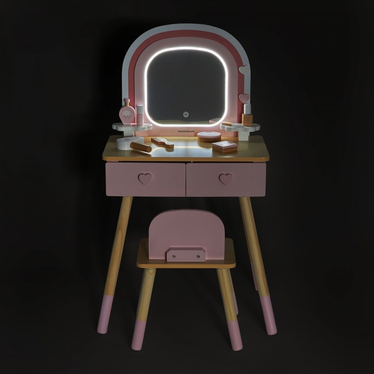 Drewniana toaletka dla dzieci z oświetleniem LED o płynnej regulacji jasności, krzesełkiem i akcesoriami