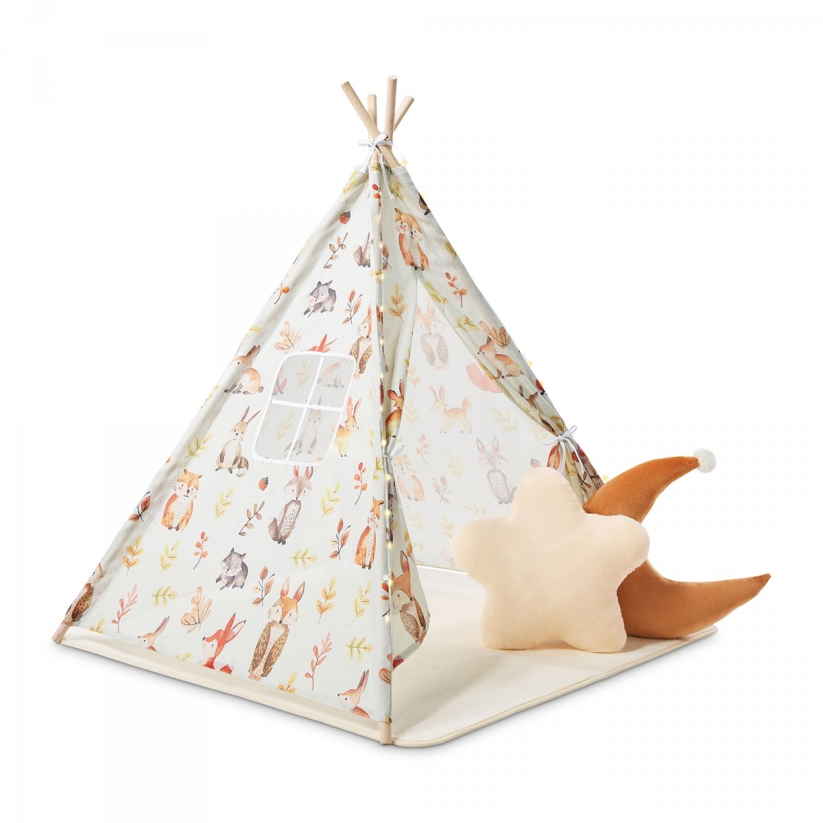 Tipi - namiot dla dziecka do pokoju z dywanem, poduszkami i światełkami LED - 135cm