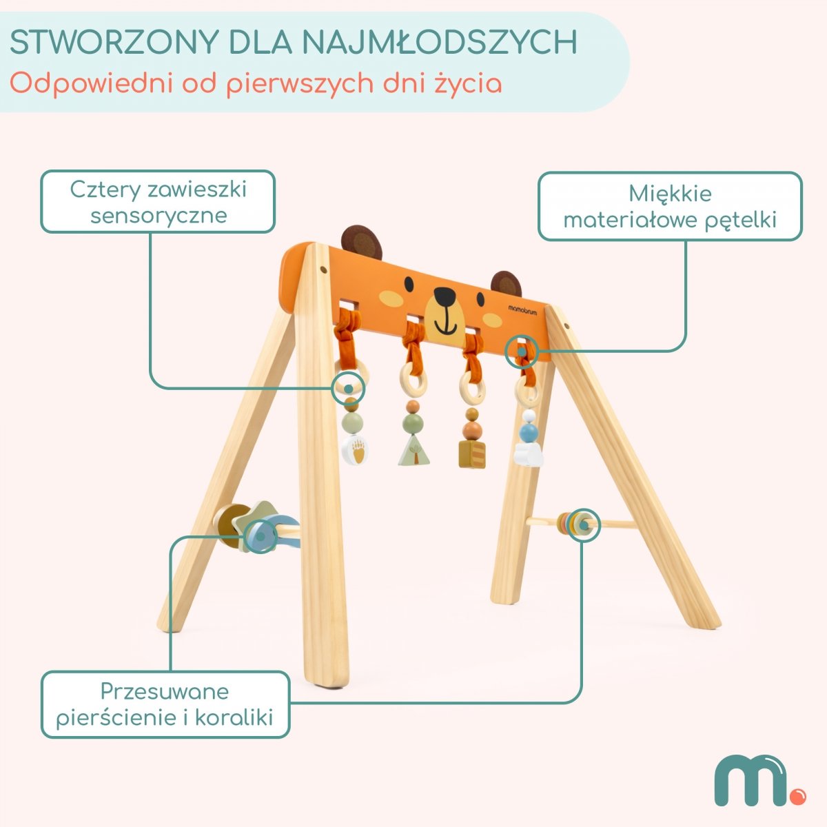 Drewniany stojak edukacyjny dla niemowląt – Baby Gym z motywem misia
