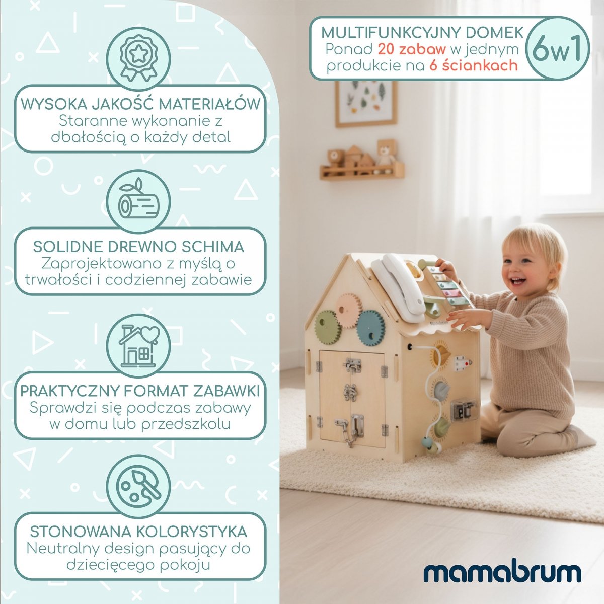 Drewniany, edukacyjny domek aktywności Montessori 6 w 1- sensoryczna tablica manipulacyjna