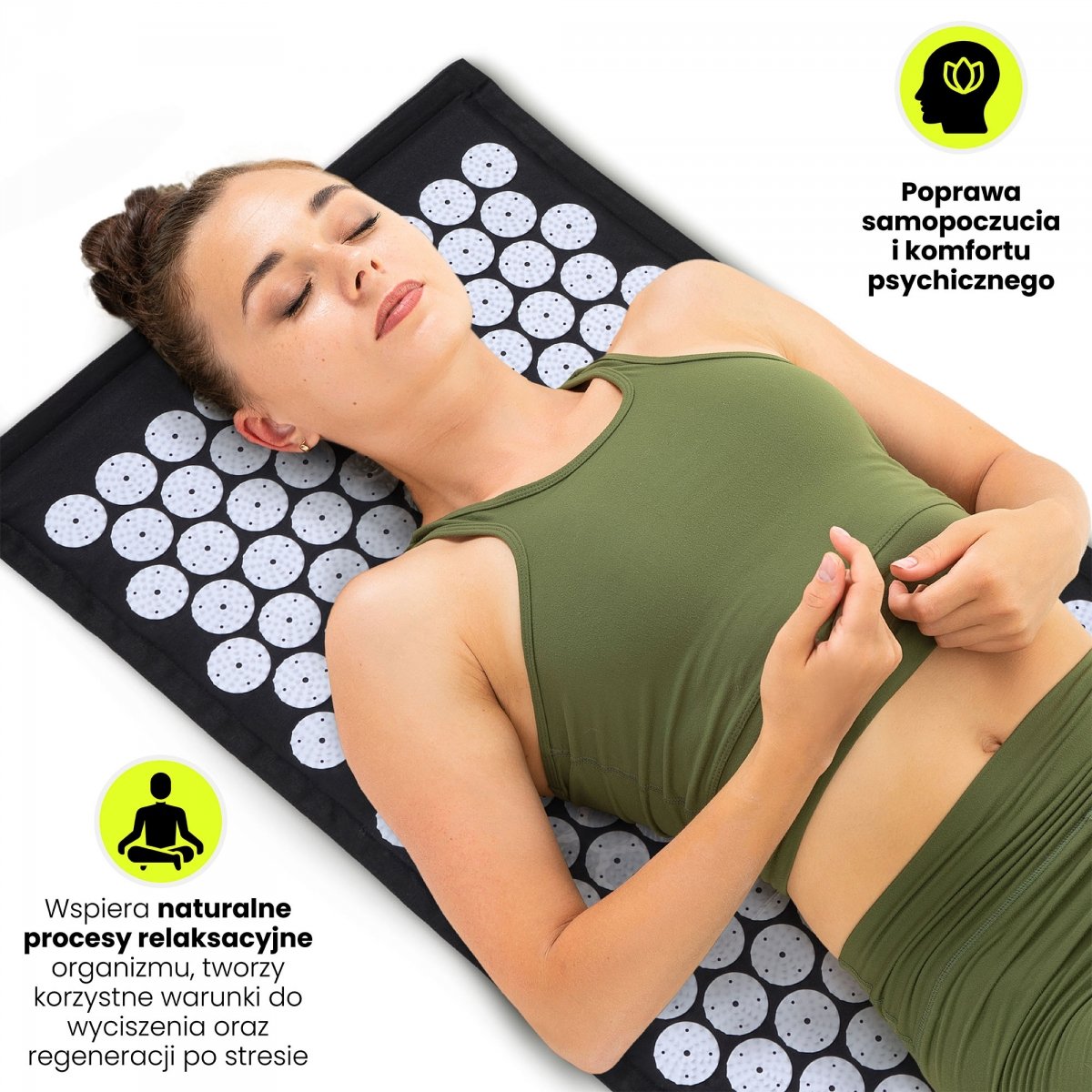 Mata do akupresury ECO lniana z włóknem kokosowym i poduszką z gryki – 68 cm HyperMotion czarno-biała