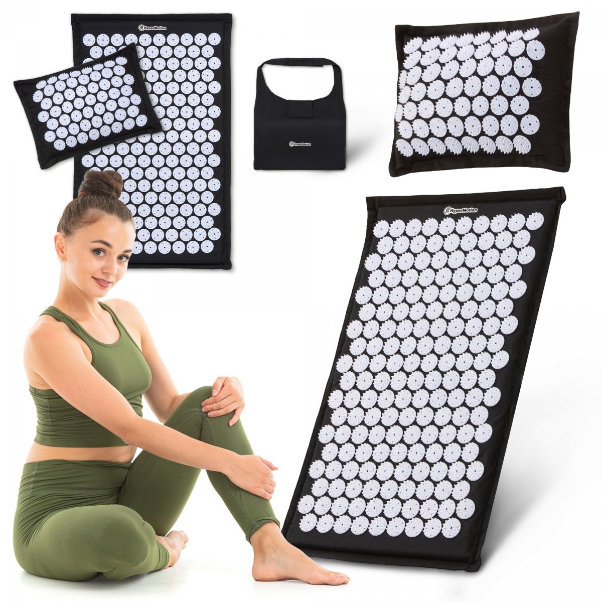 Mata do akupresury ECO lniana z włóknem kokosowym i poduszką z gryki – 68 cm HyperMotion czarno-biała