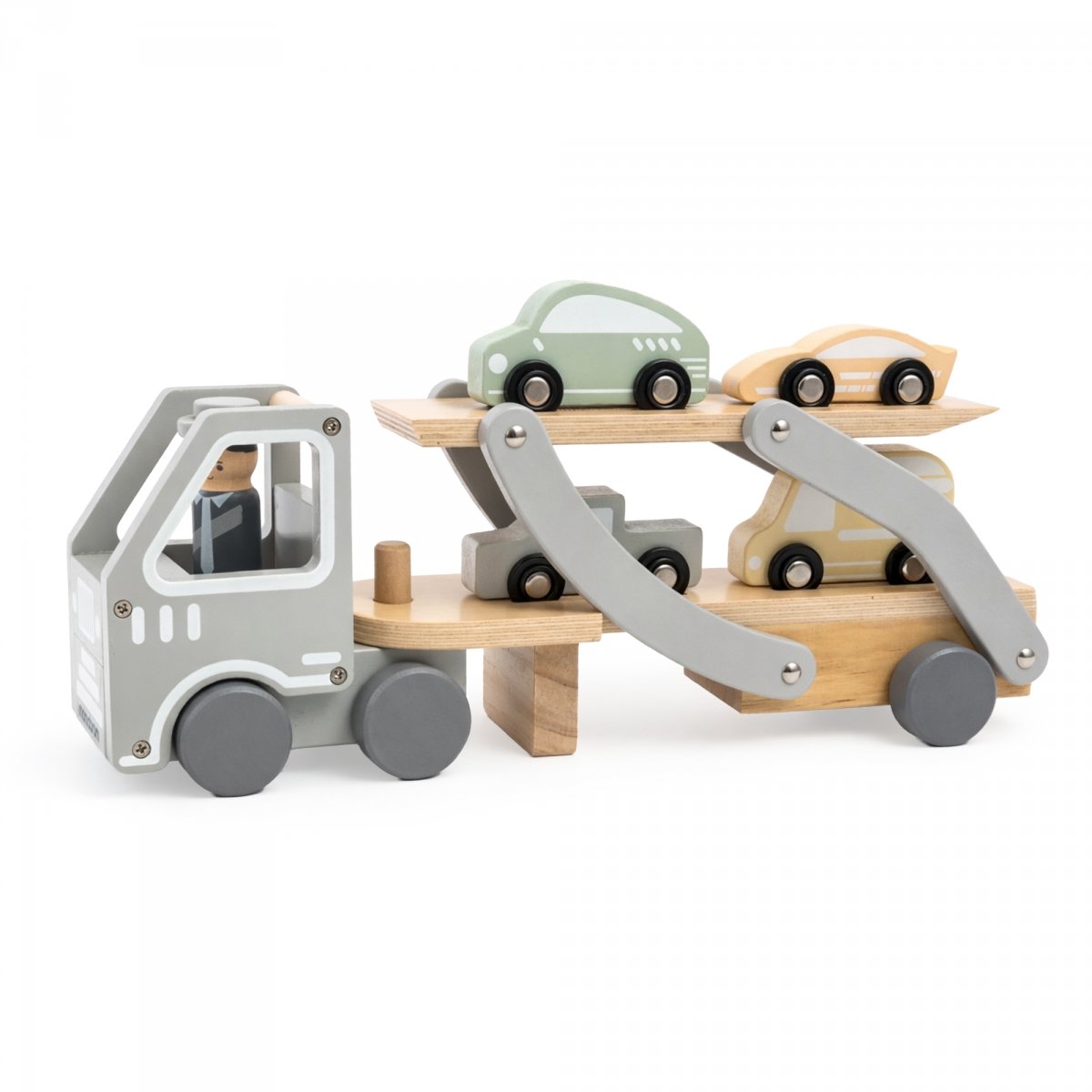 Drewniana laweta z autami - ciężarówka dla dzieci