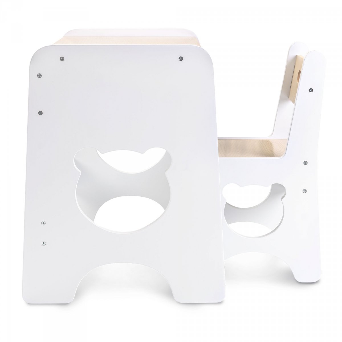 Zestaw dla dzieci - biały, drewniany stolik - biurko z szufladą i krzesełkiem - Miś