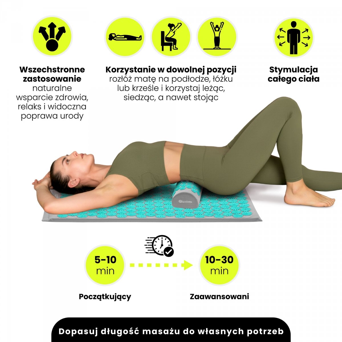 Mata do akupresury z poduszką i pokrowcem - 72 cm HyperMotion szaro-miętowa