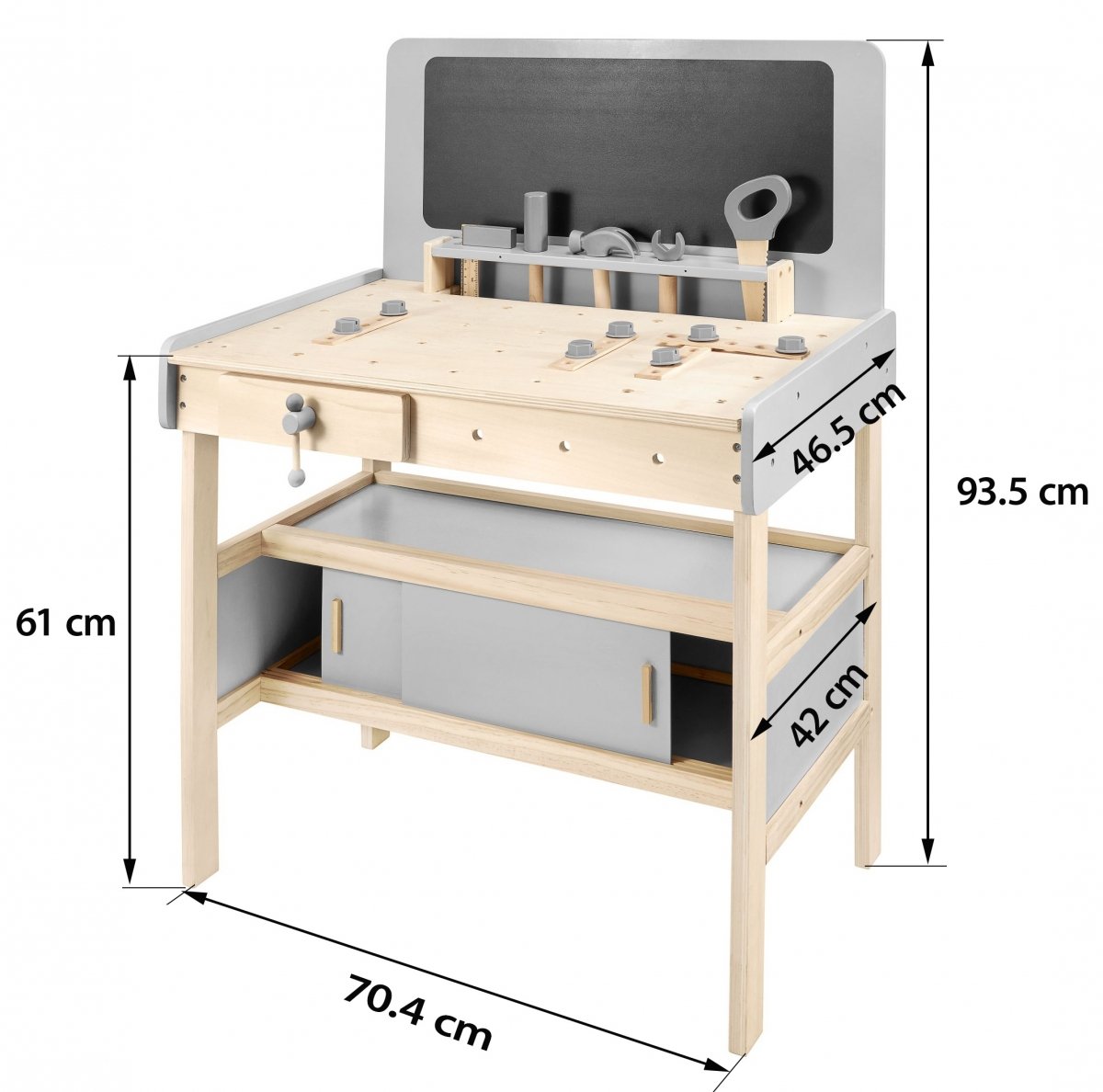 Drewniany warsztat XXL dla dzieci z akcesoriami, kredową tablicą - 48 elementów