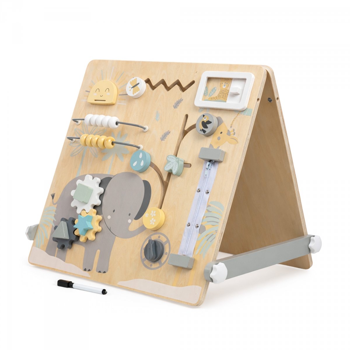 Dwustronna drewniana tablica edukacyjna 2w1 – magnetyczna i manipulacyjna Tablica sensoryczna Mamabrum