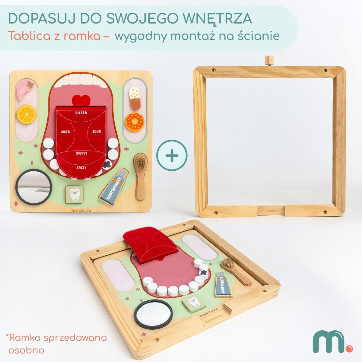 Drewniana tablica edukacyjna Montessori Mały Dentysta - szczoteczka, pasta, wyjmowane zęby, lusterko, jedzenie, nauka smaków