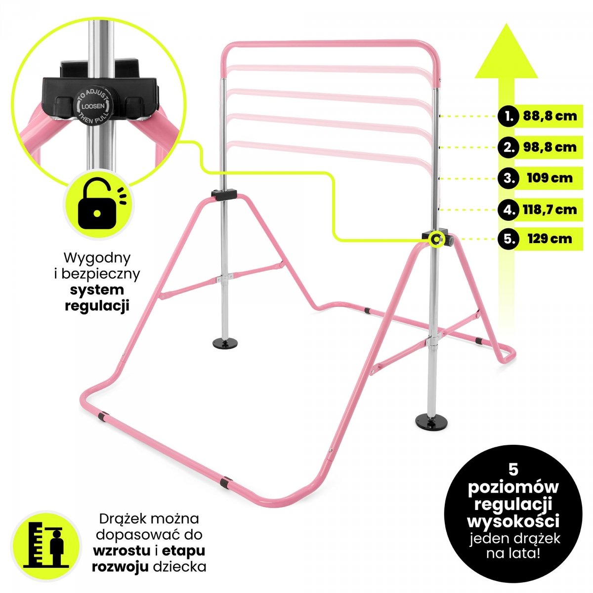 Regulowany drążek gimnastyczny dla dzieci - składany HyperMotion różowy