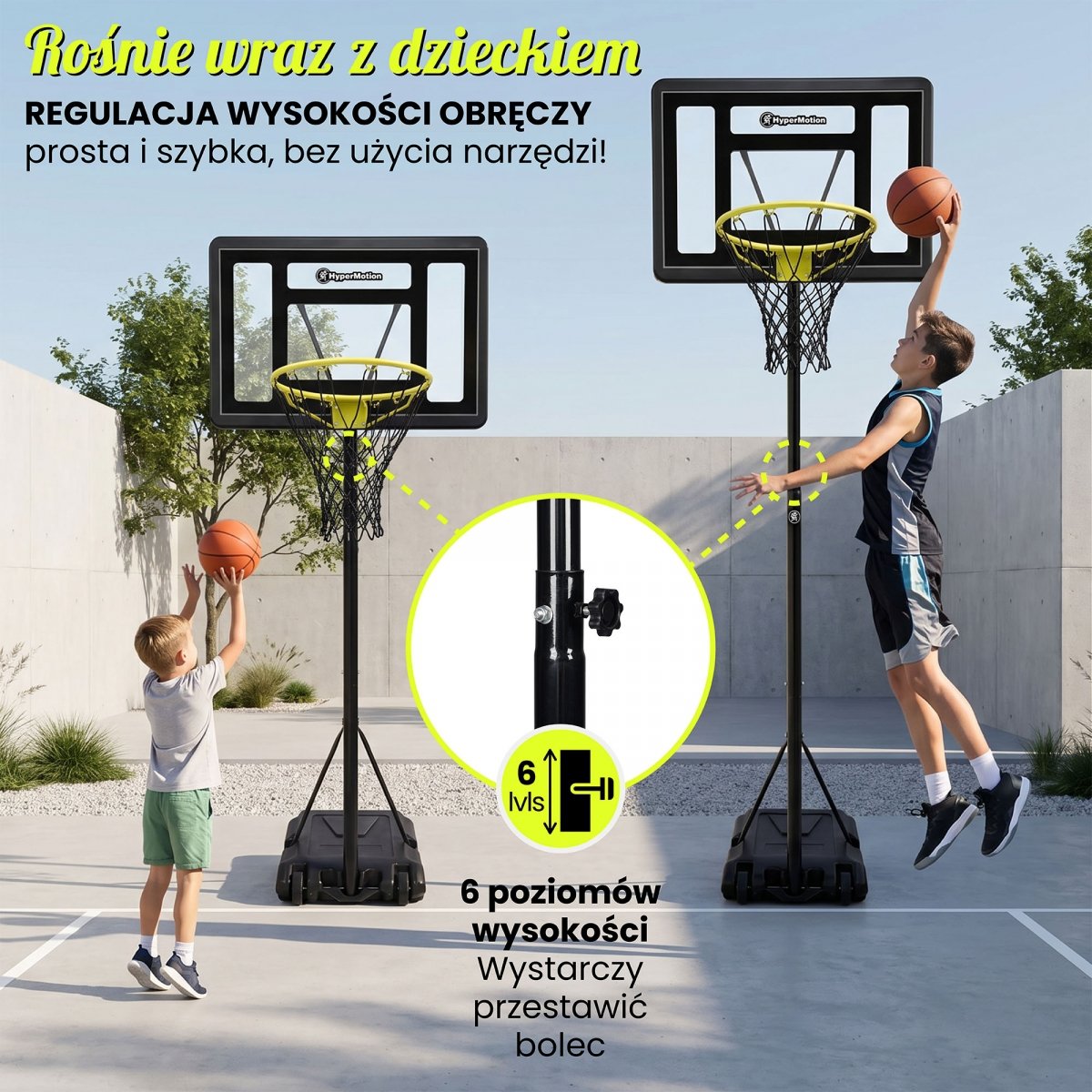  Wolnostojący kosz do koszykówki dla dzieci z regulacją wysokości 165–215 cm, tablica 82 × 58 cm - HyperMotion
